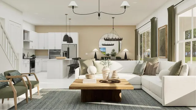 a living room with furniture kitchen view and a chandelier