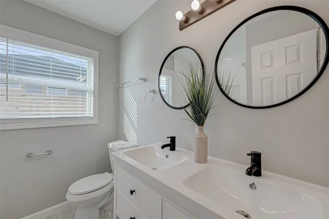 a bathroom with a sink a toilet and a mirror