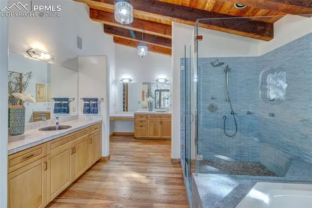 a bathroom with a double vanity sink a mirror and shower