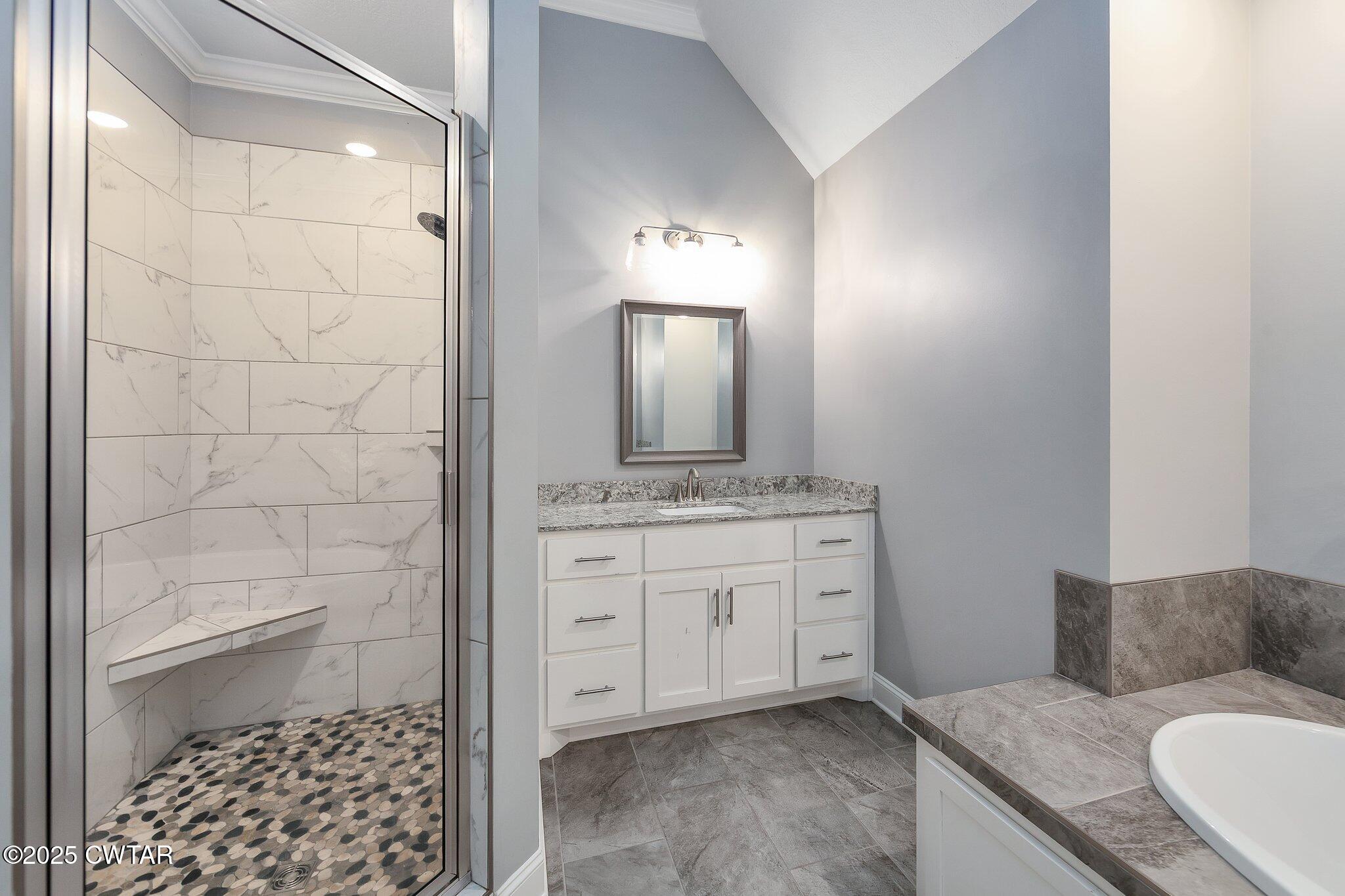 63 Westcott Cove Jackson, TN 38305 - Photo 17 of 31 a bathroom with a granite countertop sink a mirror and a shower