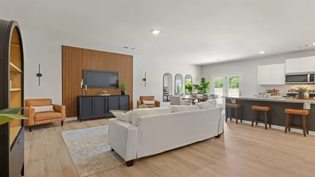 a living room with furniture kitchen view and a potted plant