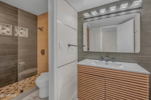 a bathroom with a sink a toilet and shower