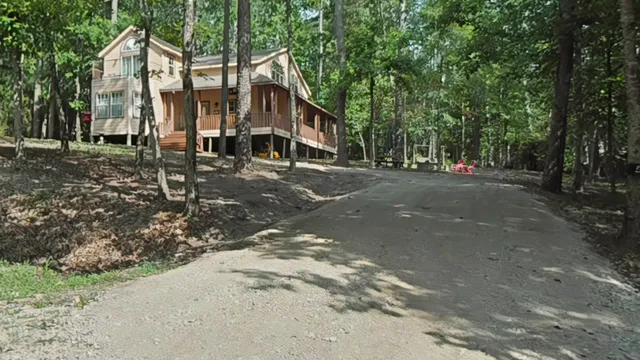 a view of a town with large trees