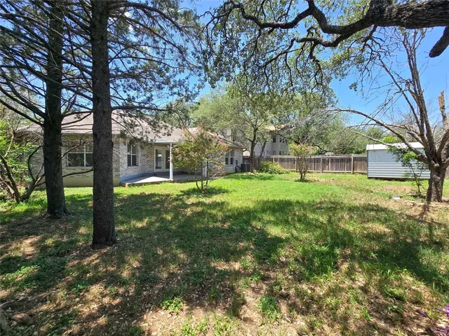a backyard of a house with plants and large tree