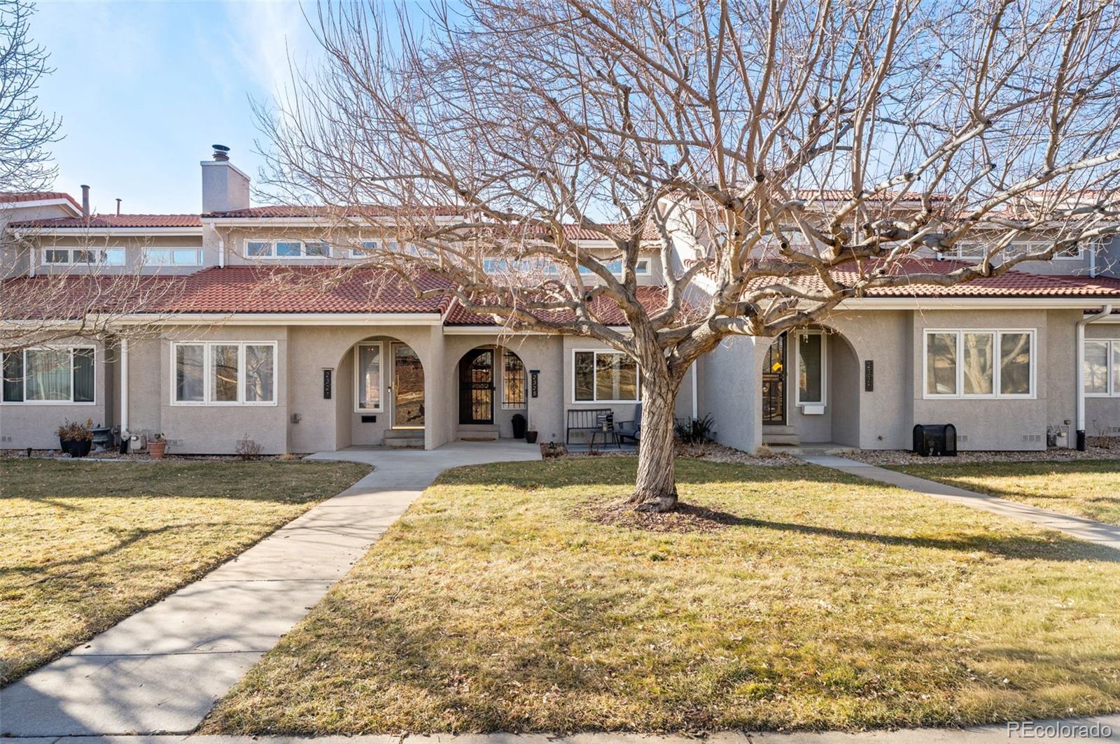 a view of a house with swimming pool and a tree in front of it