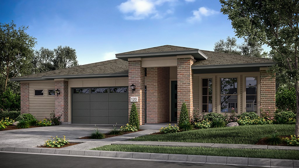 a front view of a house with garage and plants