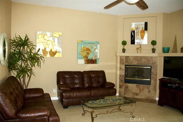 a living room with furniture a fireplace and a potted plant