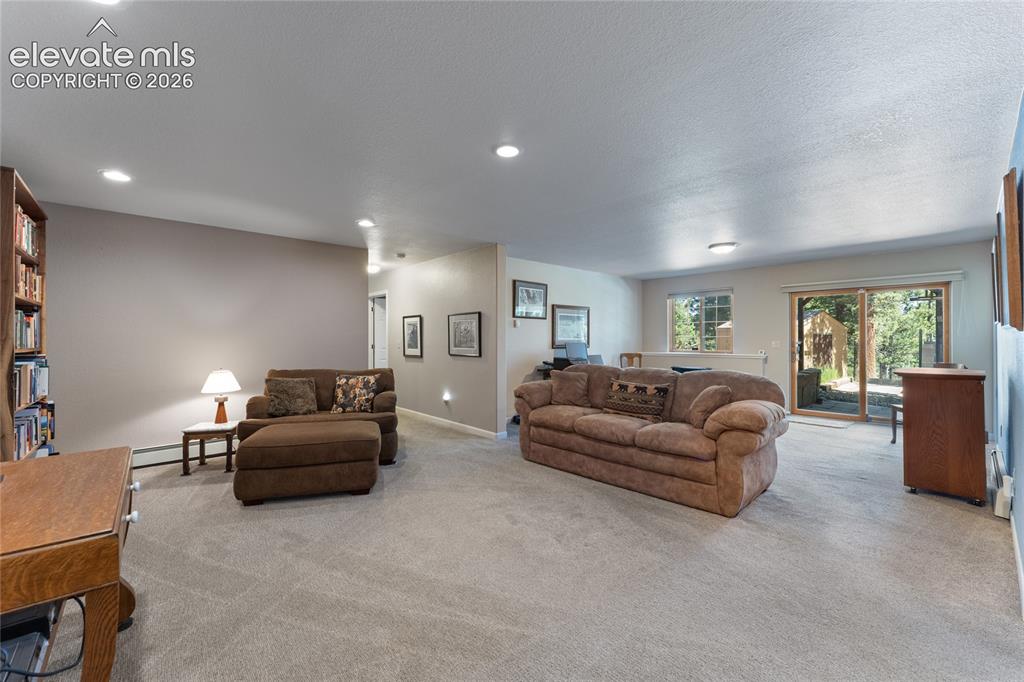 657 Spring Valley Drive Divide, CO 80814 - Photo 24 of 43 Spacious interior featuring neutral carpet flooring, recessed lighting, and a built-in bookshelf