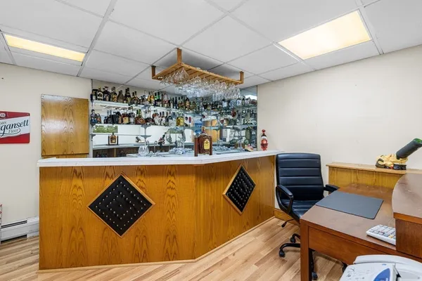 a room with wooden cabinets