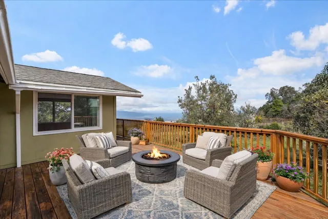 a roof deck with couches and potted plants