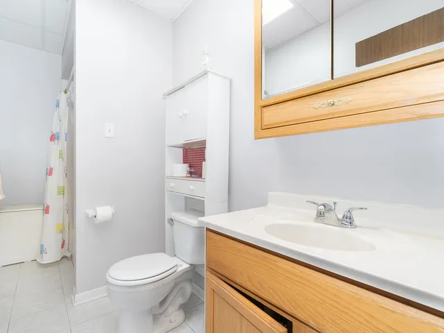 a bathroom with a sink a toilet and shower curtain