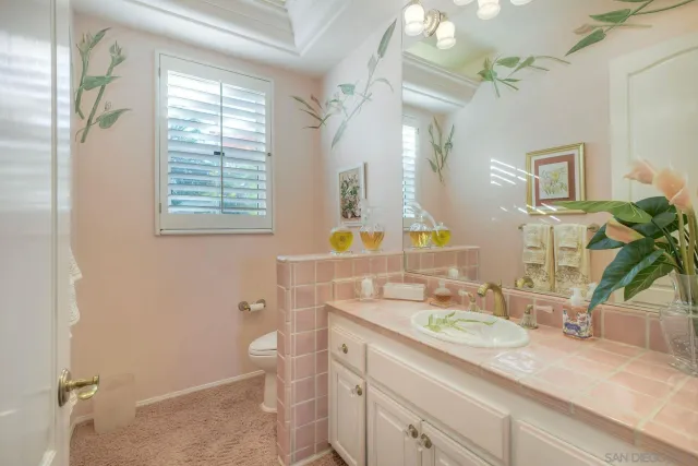 a bathroom with a granite countertop sink mirror vanity and a toilet