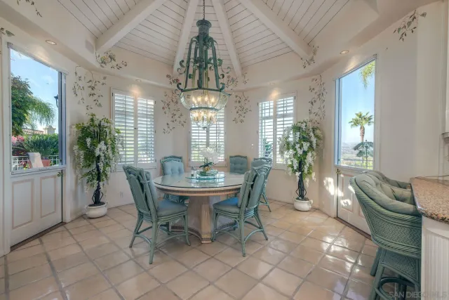 a view of a dining room with furniture and window