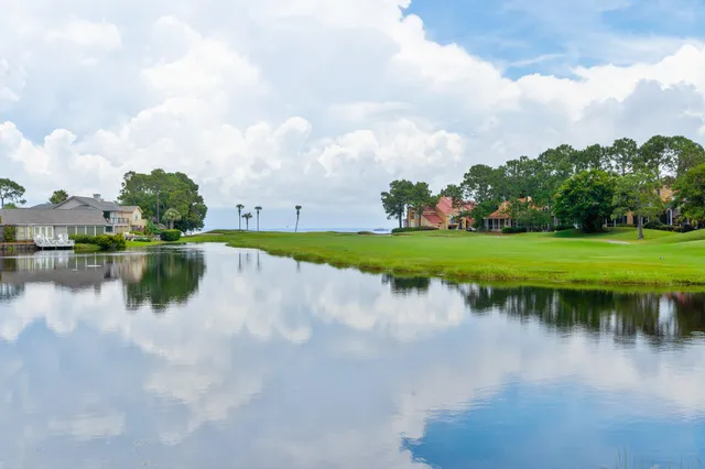 a lake view with a big yard and a large trees