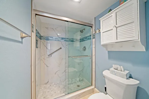 a bathroom with a shower and toilet