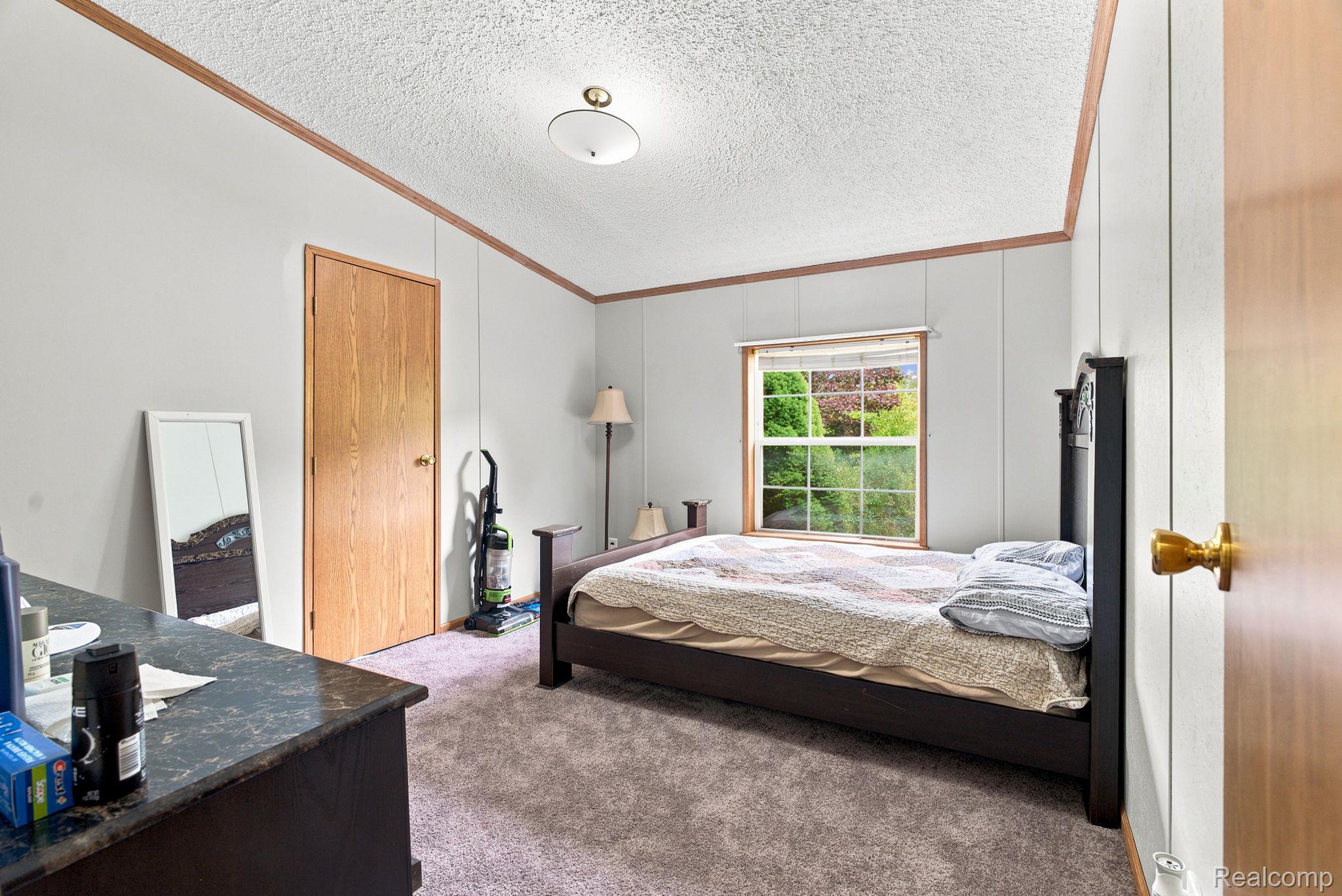 2390 Lakeshore Road Applegate, MI 48401 - Photo 25 of 97 Paneled walls with wood trim, ceiling-mounted lighting fixture, window with outdoor scenery, wood-finish interior door, and soft carpet flooring