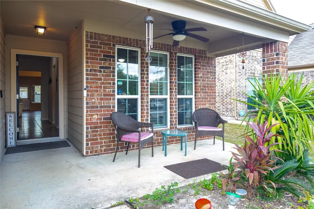 a garden view with a seating space