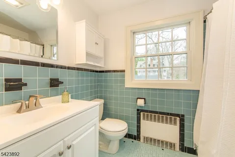 a bathroom with a toilet sink vanity and mirror