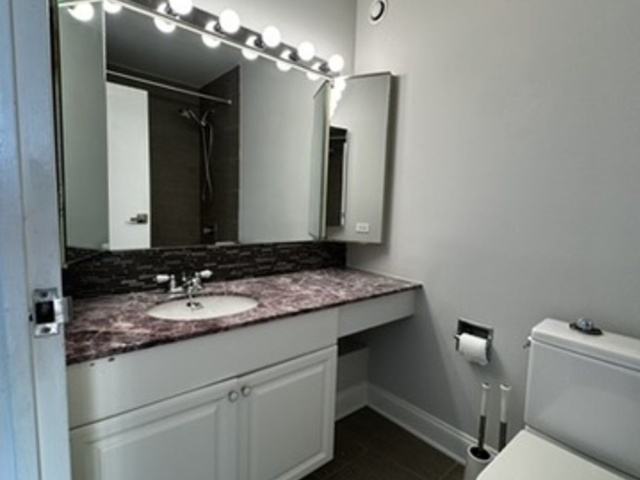 5320 North Sheridan Road, Unit 2109 Chicago, IL 60640 - Photo 12 of 16 a bathroom with a granite countertop sink and a mirror