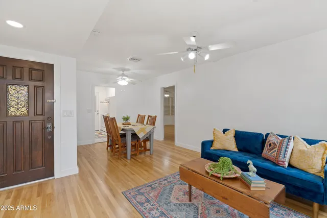 a living room with furniture and a potted plant