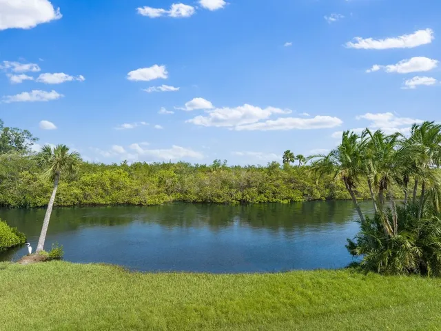 a view of a lake with houses in the back