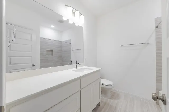 a bathroom with a sink a toilet and shower