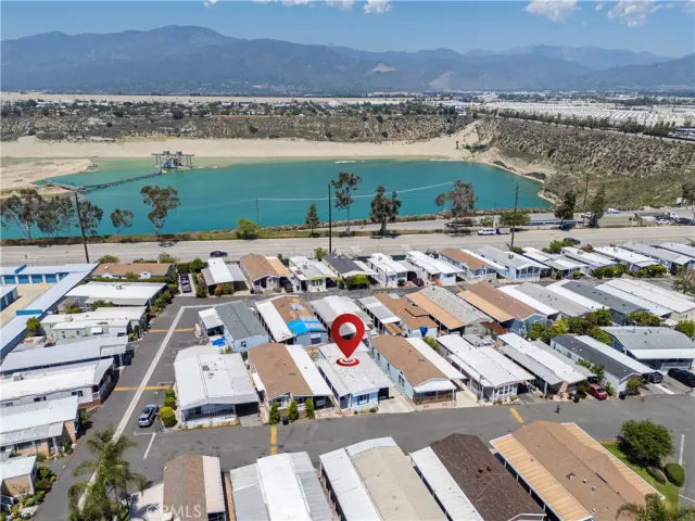 an aerial view of a building with outdoor space
