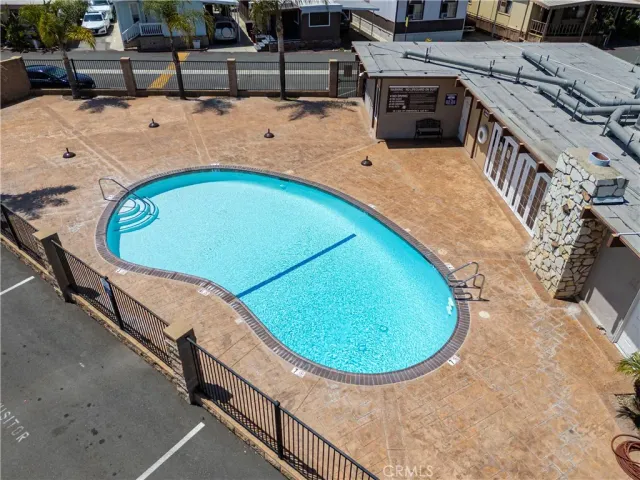 an aerial view of a swimming pool