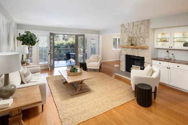 a living room with furniture a fireplace and a potted plant
