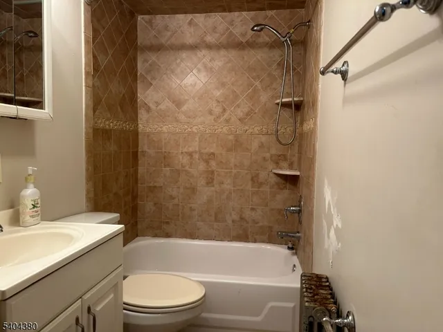a bathroom with a granite countertop bathtub shower sink vanity and toilet