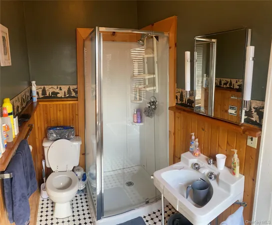 a bathroom with a sink toilet and shower