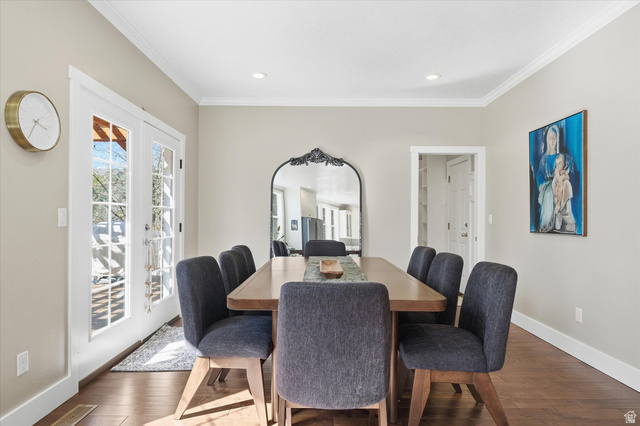 353 Robin Street Smithfield, UT 84335 - Photo 12 of 70 Dining area with hardwood / wood-style floors, ornamental molding, recessed lighting, and french doors