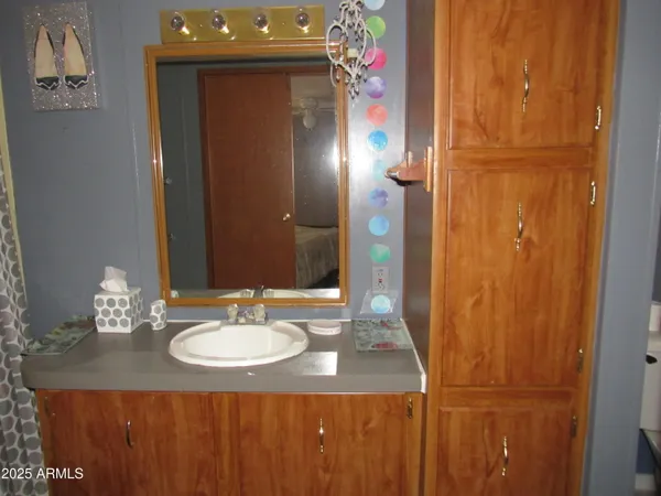 a bathroom with a sink vanity and a mirror