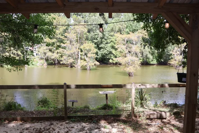 an aerial view of residential houses with outdoor space and lake view