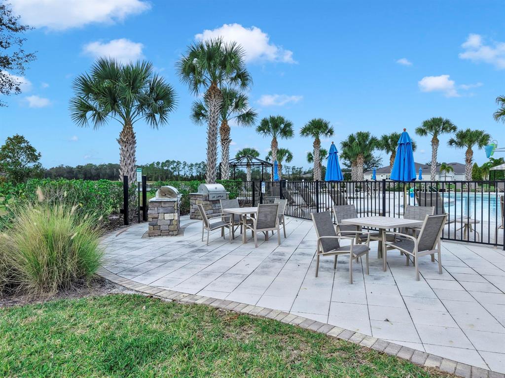 10212 Newel Valley Loop Riverview, FL 33569 - Photo 53 of 72 a view of a patio with table and chairs potted plants and palm tree