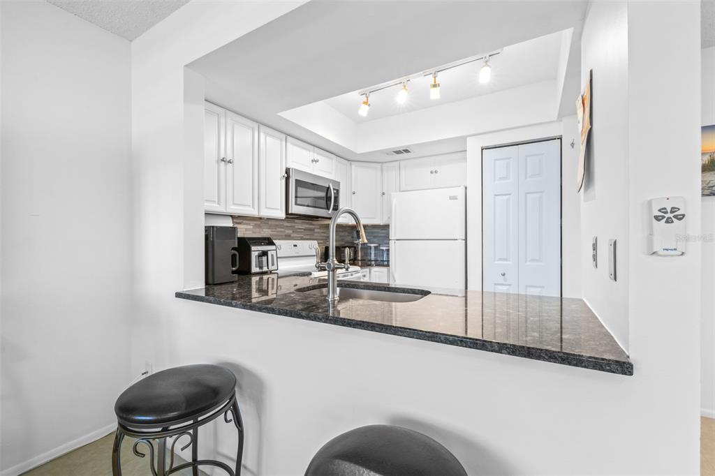 1250 South Pinellas Avenue, Unit 711 Tarpon Springs, FL 34689 - Photo 10 of 33 a kitchen with stainless steel appliances granite countertop a refrigerator a stove a sink dishwasher and white cabinets with wooden floor