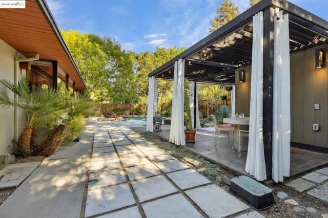 a view of a backyard with sitting area