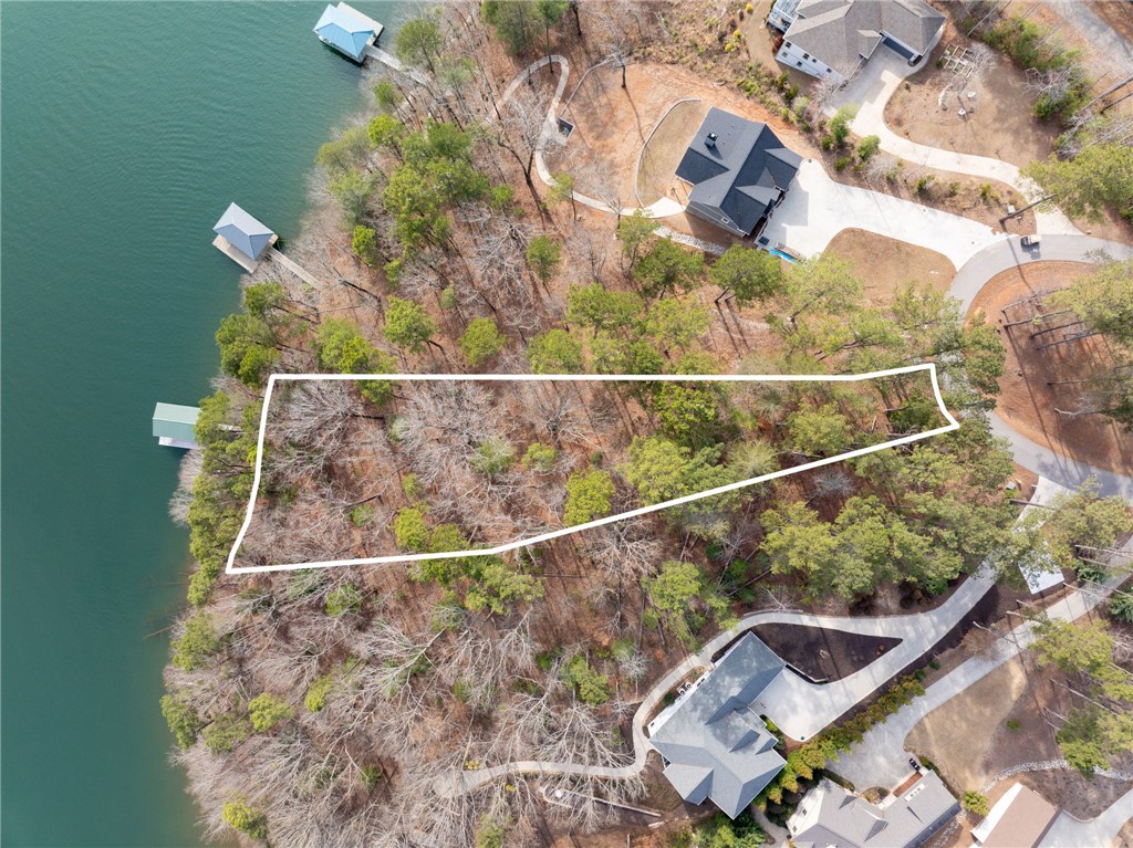 This aerial view showcases a lush, wooded lot with direct water access and potential for a private dock.