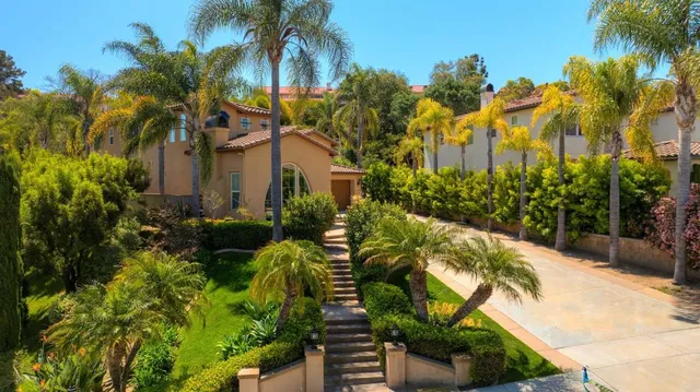 a view of a palm trees in front of a house