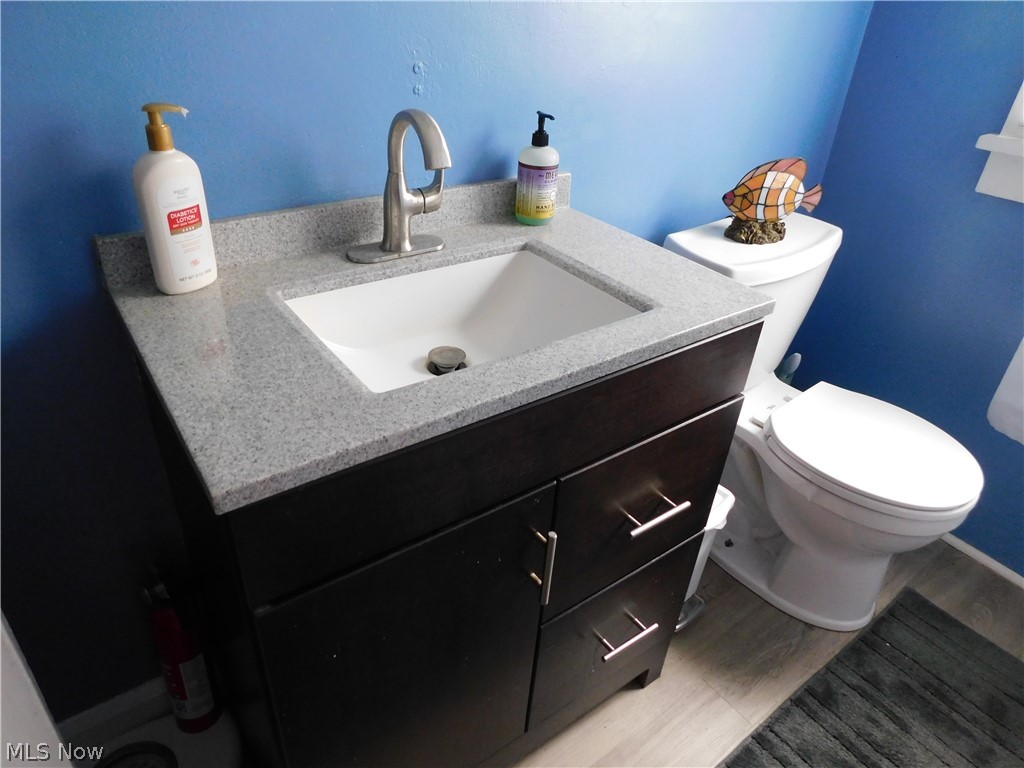 5531 Overton Road Wooster, OH 44691 - Photo 27 of 40 Bathroom featuring vanity, toilet, and hardwood / wood-style flooring