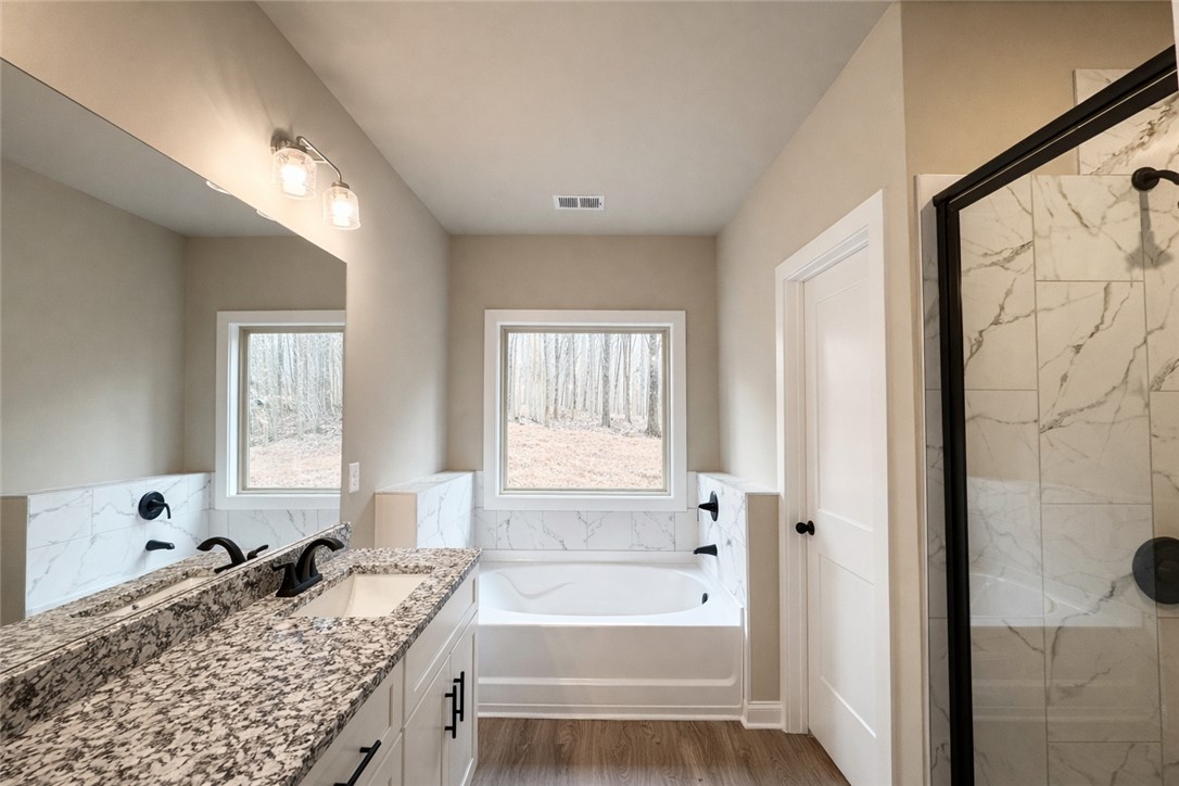 111 Birch Court Westminster, SC 29693 - Photo 16 of 27 This spacious bathroom offers a relaxing soaking tub, granite counters, and ample natural light.