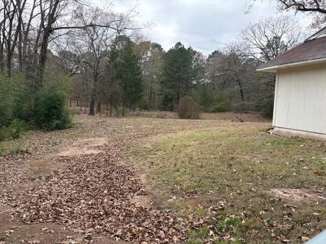 a view of dirt yard with trees