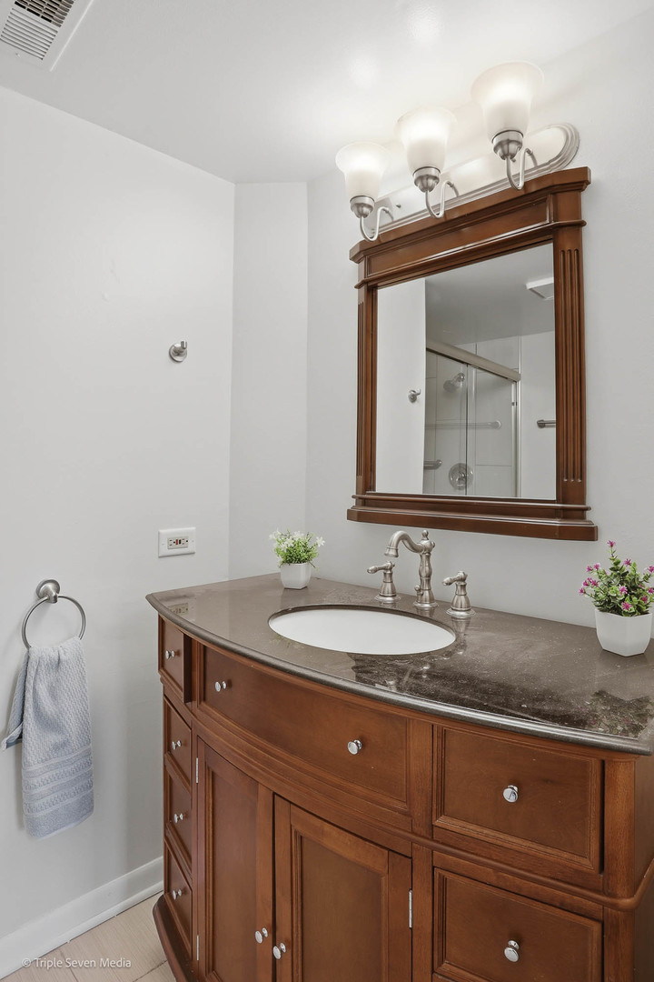 17236 Ridgeland Avenue, Unit 412 Tinley Park, IL 60477 - Photo 18 of 23 a bathroom with a granite countertop sink vanity and mirror