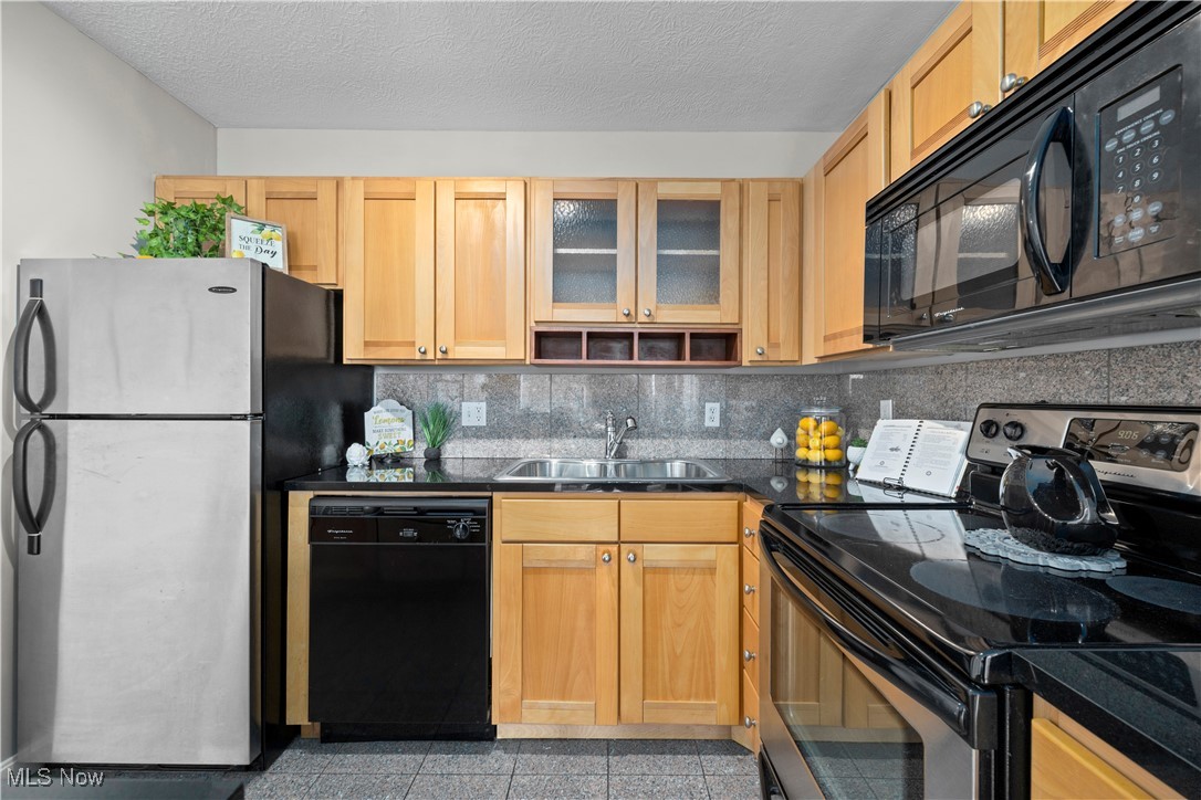 2222 Detroit Avenue, Unit 519 Cleveland, OH 44113 - Photo 6 of 30 Kitchen with a deep
sink, black granite countertops, stainless and black appliances, and granite finish floor