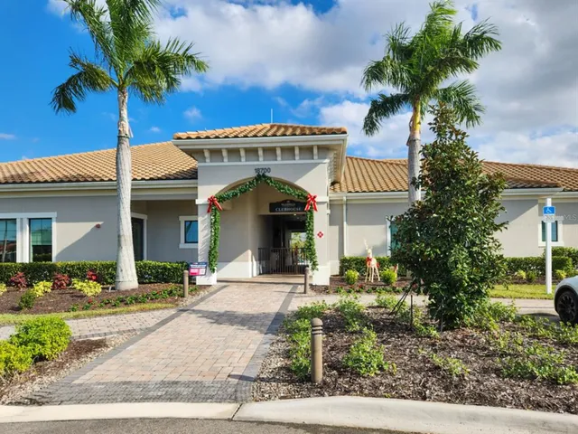 a row of palm trees and swimming pool in the backyard of a house