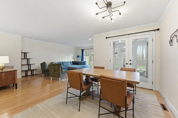 a view of a dining room with furniture