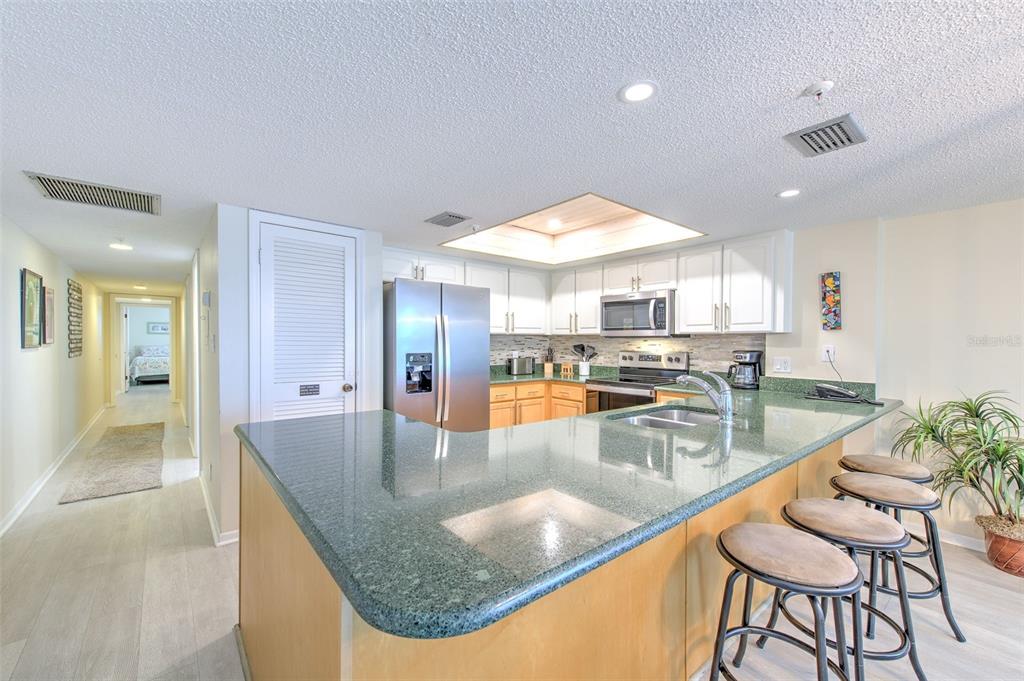 17200 Gulf Boulevard, Unit 401 North Redington Beach, FL 33708 - Photo 14 of 56 a kitchen with stainless steel appliances granite countertop a sink counter top space and living room view