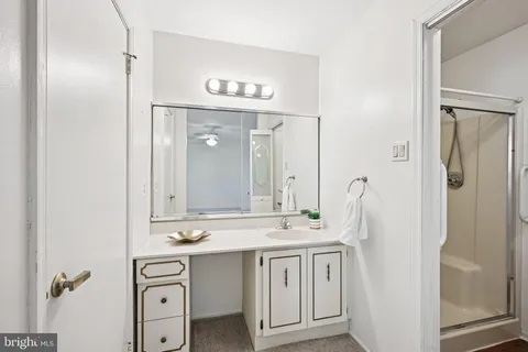 a bathroom with a sink a mirror a vanity and a shower