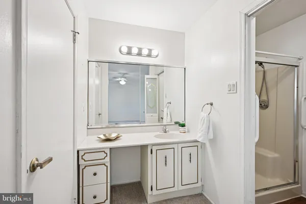 a bathroom with a sink a mirror a vanity and a shower