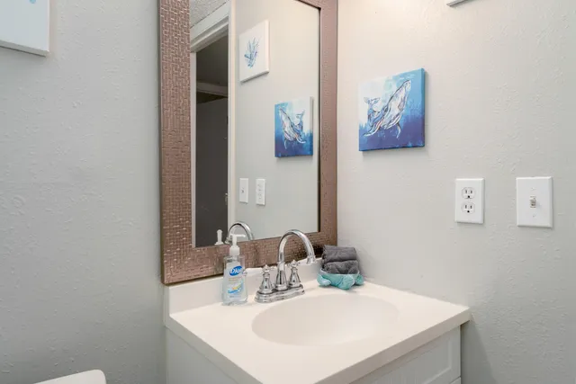 a bathroom with a sink and a mirror